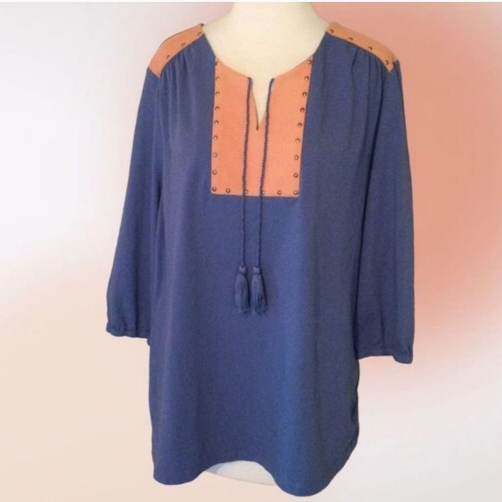 New  HAUTE‎ Hippie Tribe Blue Faux Suede Tassel Tunic Top Size Small